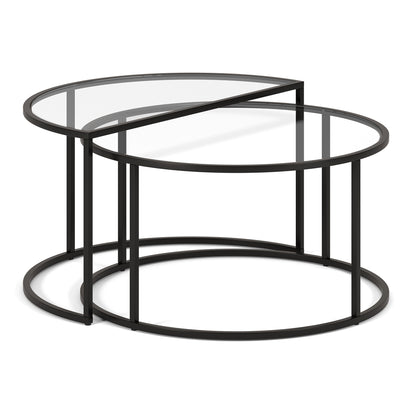 Set of Two 33" Black Glass And Steel Half Circle Nested Coffee Tables