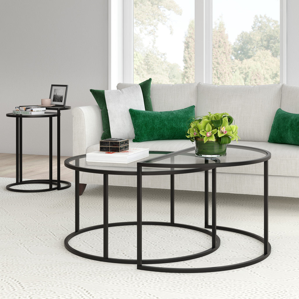 Set of Two 33" Black Glass And Steel Half Circle Nested Coffee Tables