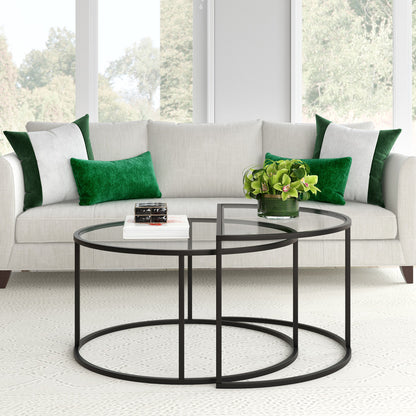 Set of Two 33" Black Glass And Steel Half Circle Nested Coffee Tables