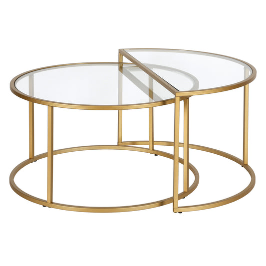 Set of Two 33" Gold Glass And Steel Half Circle Nested Coffee Tables