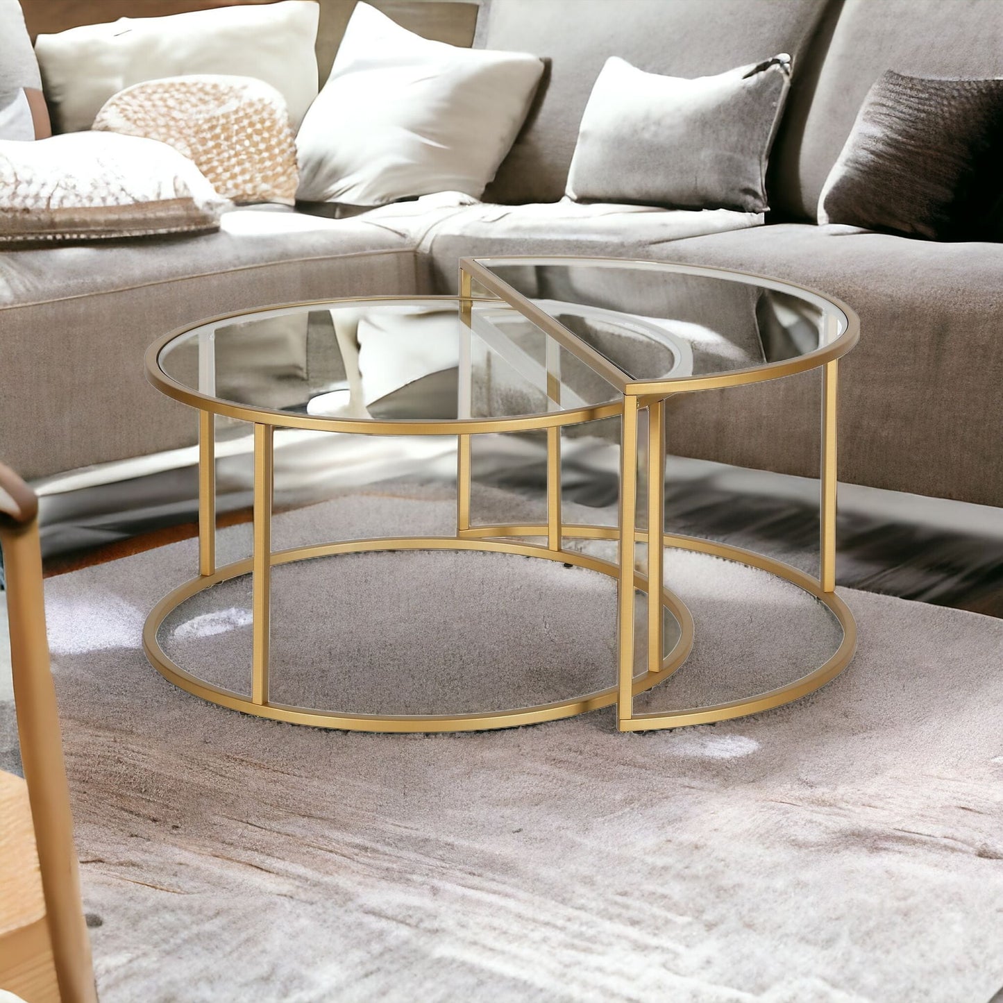 Set of Two 33" Gold Glass And Steel Half Circle Nested Coffee Tables