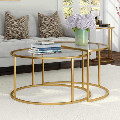 Set of Two 33" Gold Glass And Steel Half Circle Nested Coffee Tables