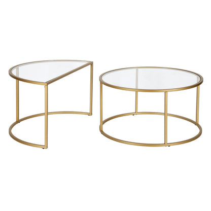 Set of Two 33" Gold Glass And Steel Half Circle Nested Coffee Tables