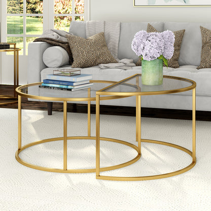 Set of Two 33" Gold Glass And Steel Half Circle Nested Coffee Tables