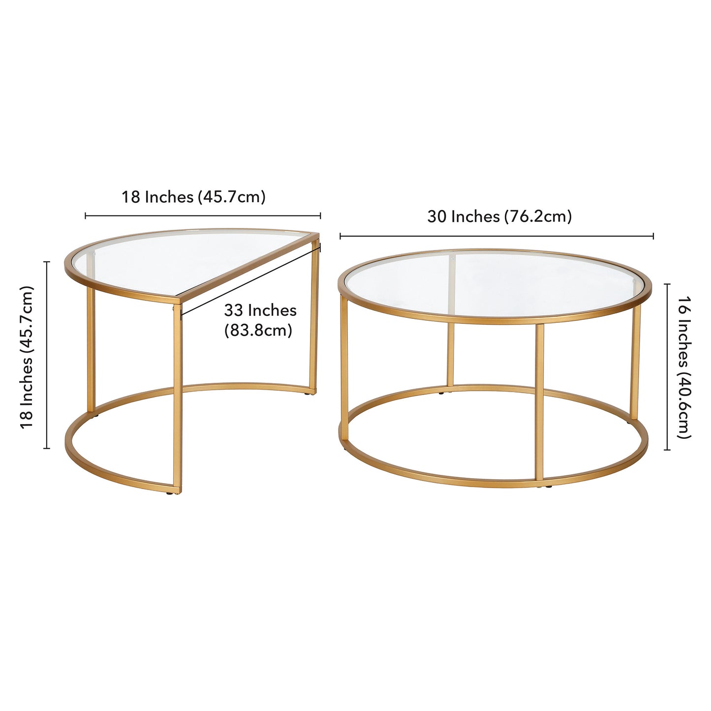 Set of Two 33" Gold Glass And Steel Half Circle Nested Coffee Tables