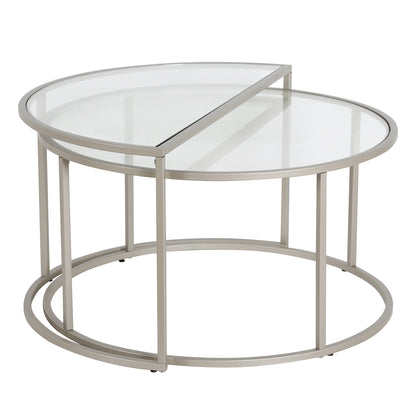 Set of Two 33" Silver Glass And Steel Half Circle Nested Coffee Tables