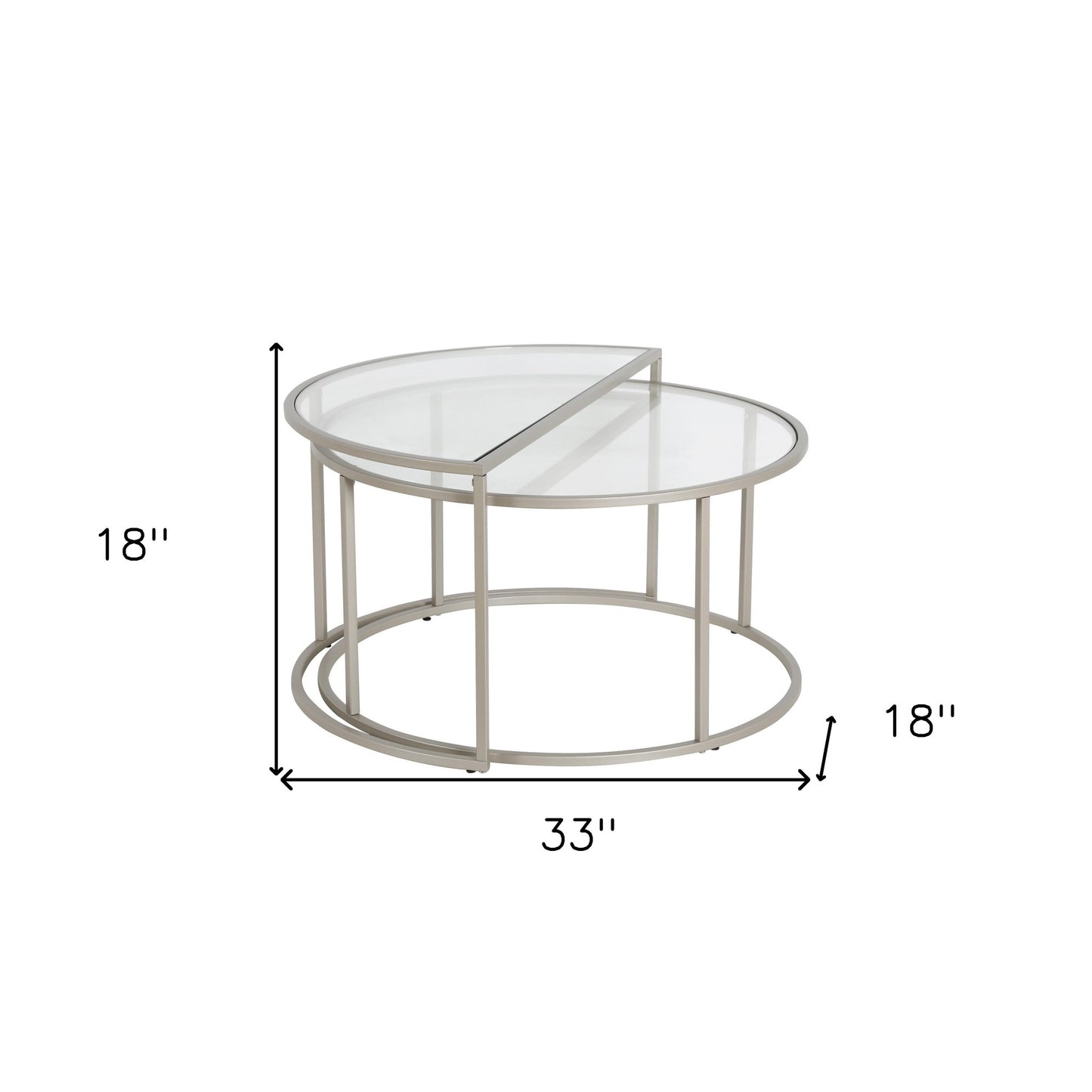 Set of Two 33" Silver Glass And Steel Half Circle Nested Coffee Tables