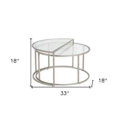 Set of Two 33" Silver Glass And Steel Half Circle Nested Coffee Tables