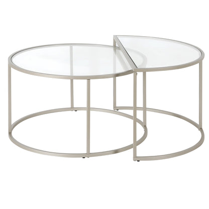 Set of Two 33" Silver Glass And Steel Half Circle Nested Coffee Tables