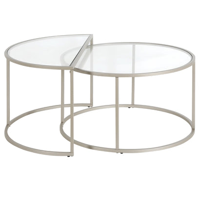 Set of Two 33" Silver Glass And Steel Half Circle Nested Coffee Tables