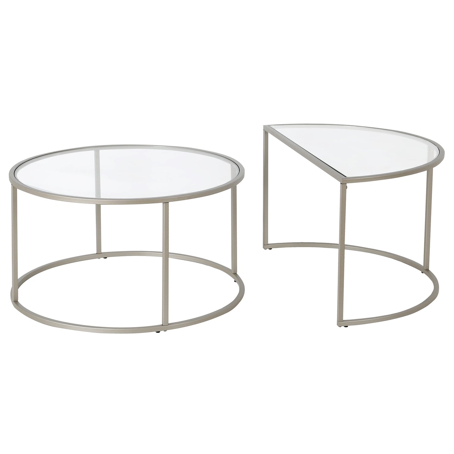 Set of Two 33" Silver Glass And Steel Half Circle Nested Coffee Tables