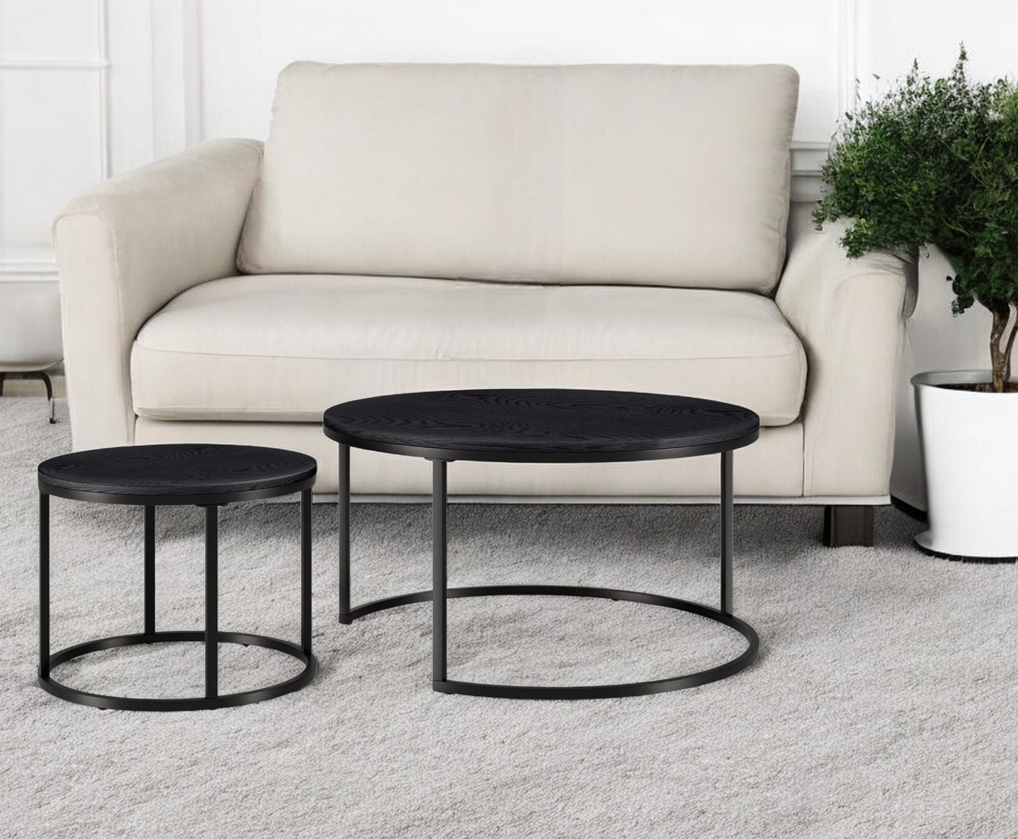 Set of Two Black Wood And Steel Round Frame Nested Coffee Tables