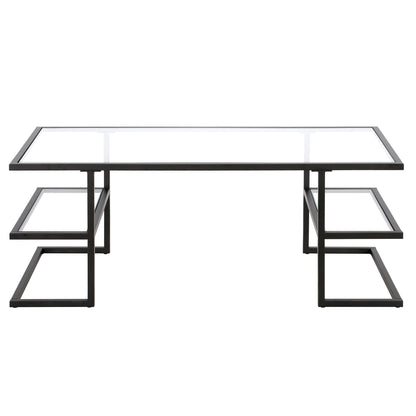 47" Black Glass And Steel Coffee Table With Two Shelves