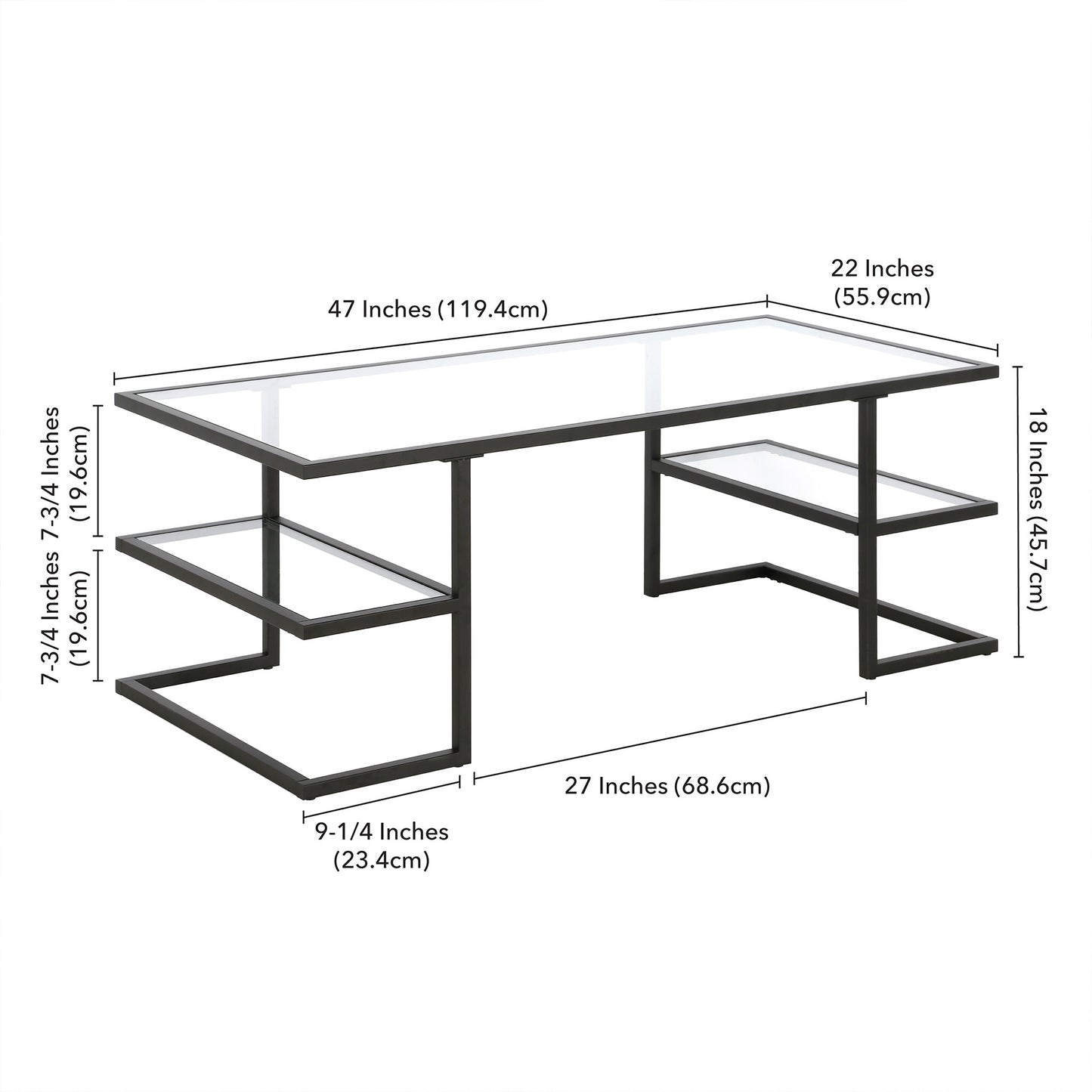 47" Black Glass And Steel Coffee Table With Two Shelves