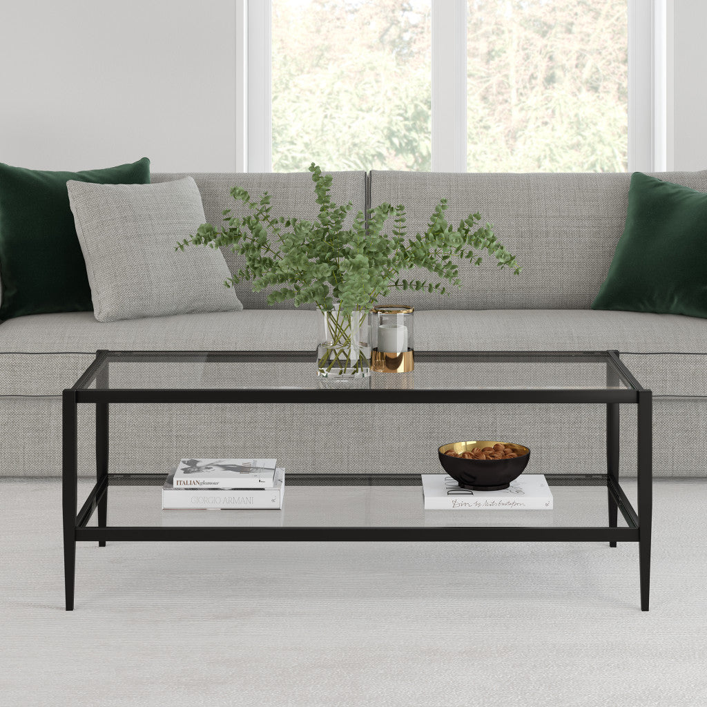 45" Black And Clear Glass And Steel Coffee Table With Shelf