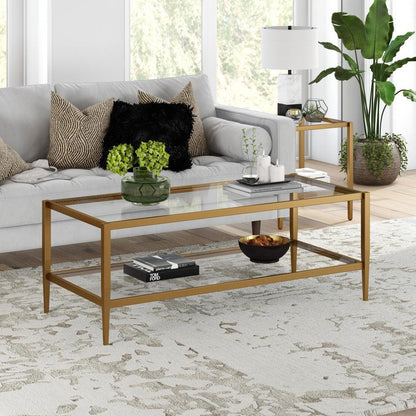 45" Gold Glass And Steel Coffee Table With Shelf - FurniFindUSA