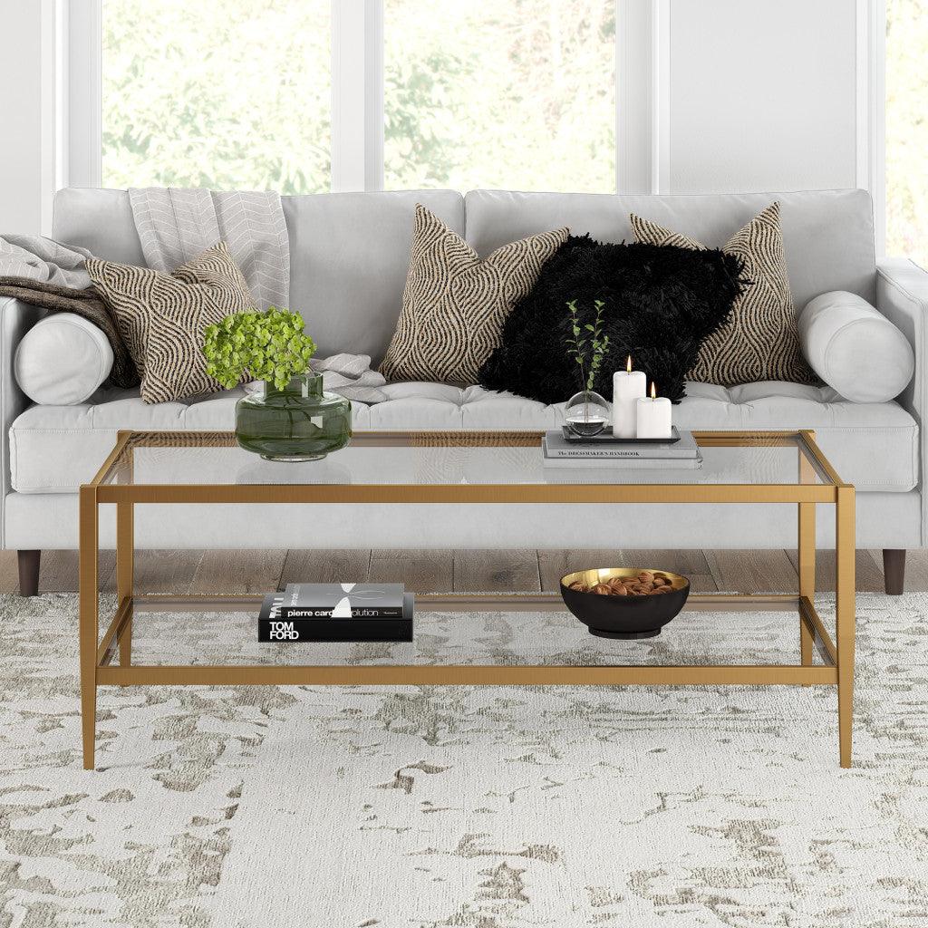 45" Gold Glass And Steel Coffee Table With Shelf - FurniFindUSA