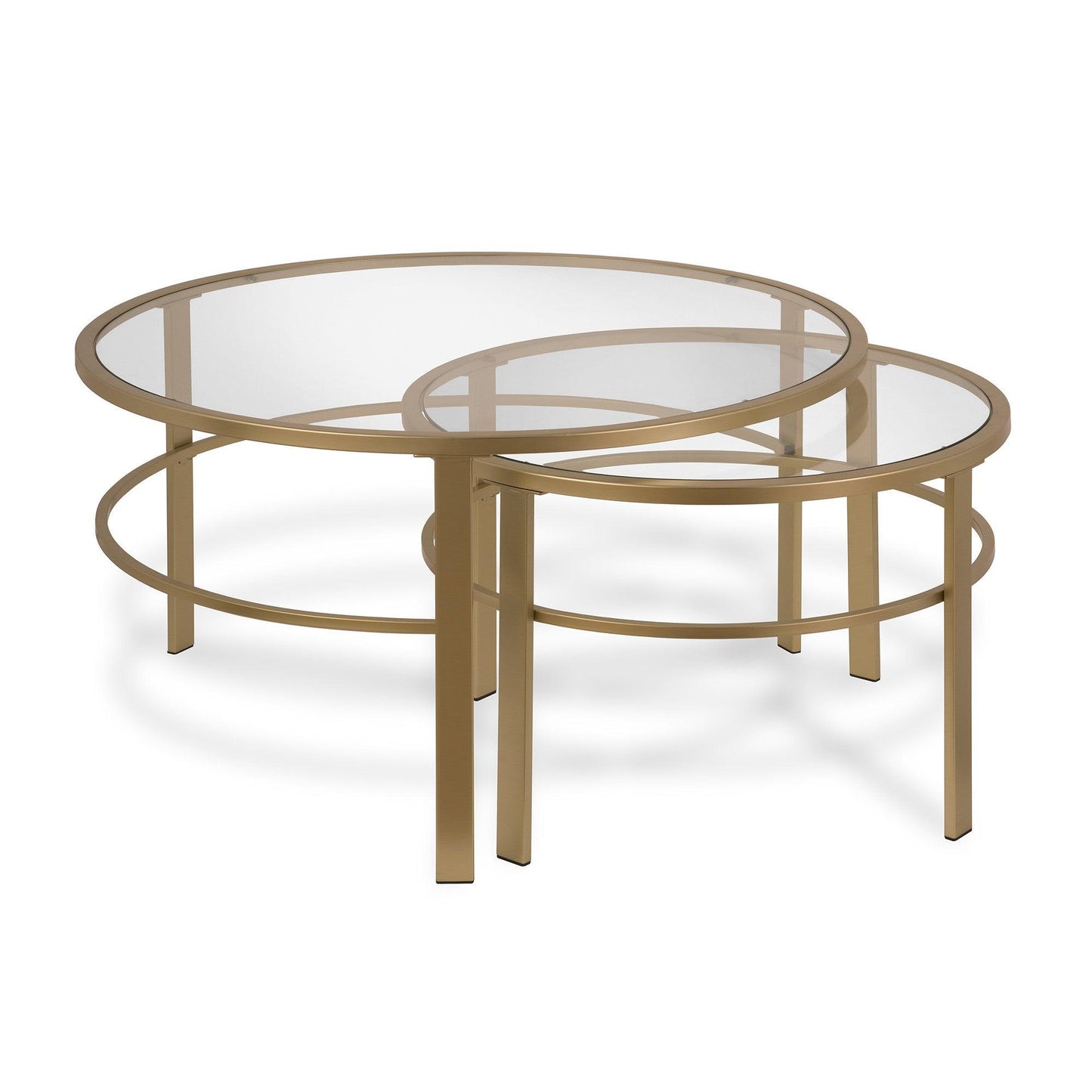 Set of Two 36" Gold Glass And Steel Round Nested Coffee Tables - FurniFindUSA