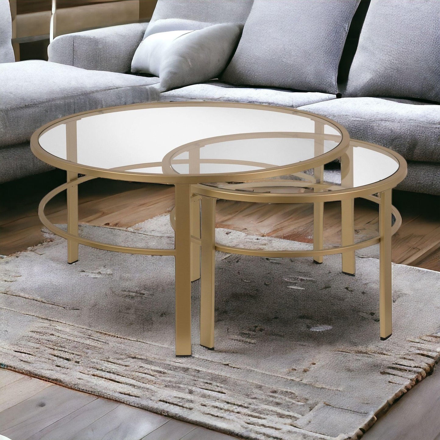 Set of Two 36" Gold Glass And Steel Round Nested Coffee Tables - FurniFindUSA