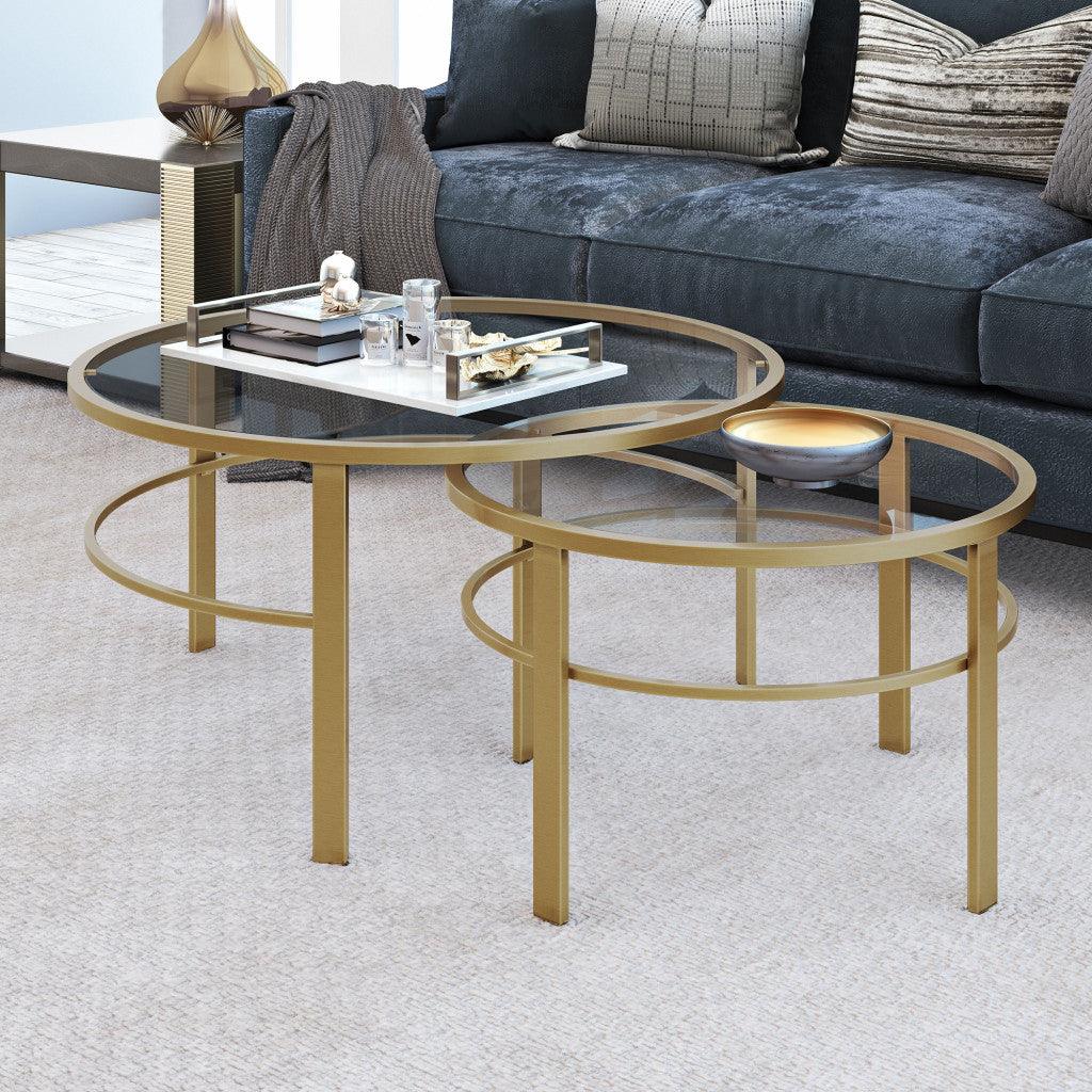 Set of Two 36" Gold Glass And Steel Round Nested Coffee Tables - FurniFindUSA