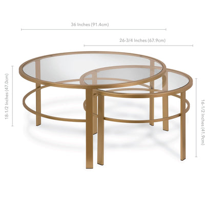 Set of Two 36" Gold Glass And Steel Round Nested Coffee Tables - FurniFindUSA