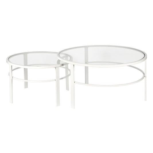 Set of Two 36" White Glass And Steel Round Nested Coffee Tables