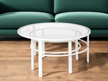 Set of Two 36" White Glass And Steel Round Nested Coffee Tables