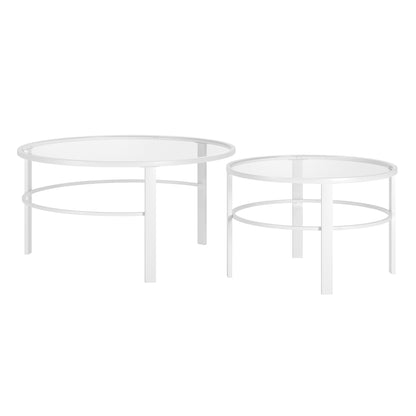 Set of Two 36" White Glass And Steel Round Nested Coffee Tables