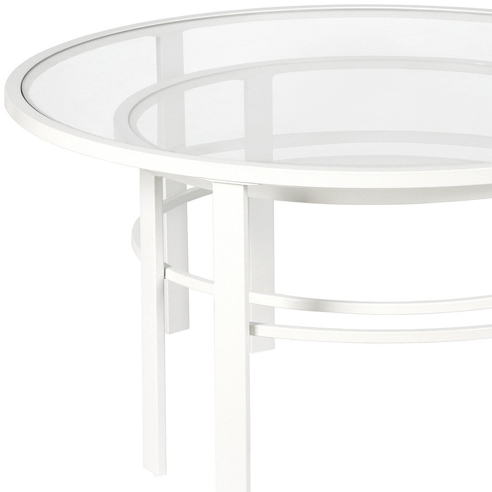 Set of Two 36" White Glass And Steel Round Nested Coffee Tables