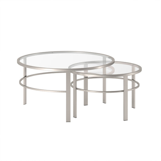 Set of Two 36" Clear and Silver Glass And Steel Round Nested Coffee Tables