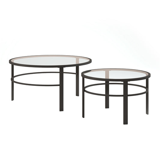 Set of Two 36" Clear And Black Glass And Steel Round Nested Coffee Tables