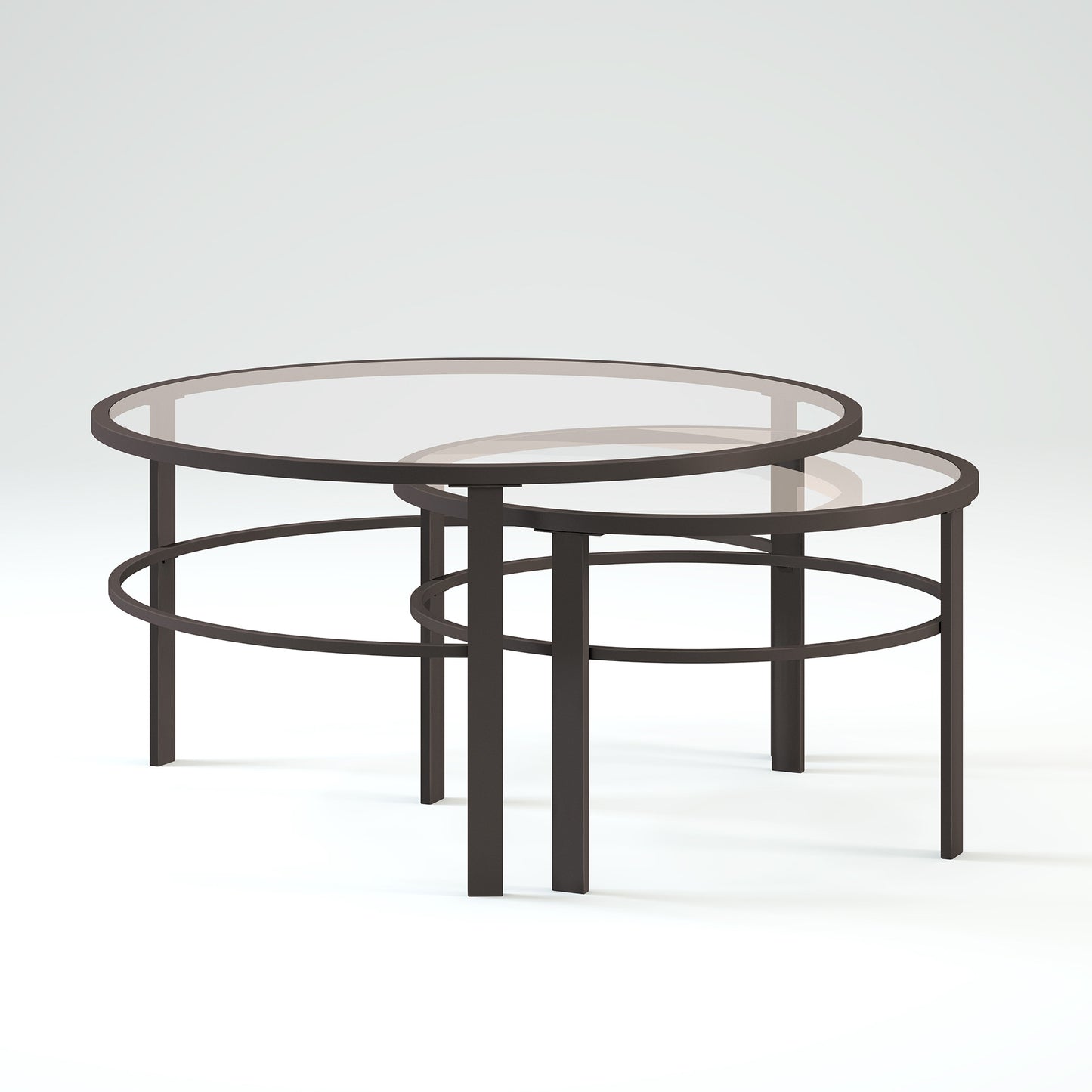 Set of Two 36" Clear And Black Glass And Steel Round Nested Coffee Tables