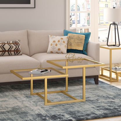 43" Gold Glass And Steel Square Coffee Table With Two Shelves