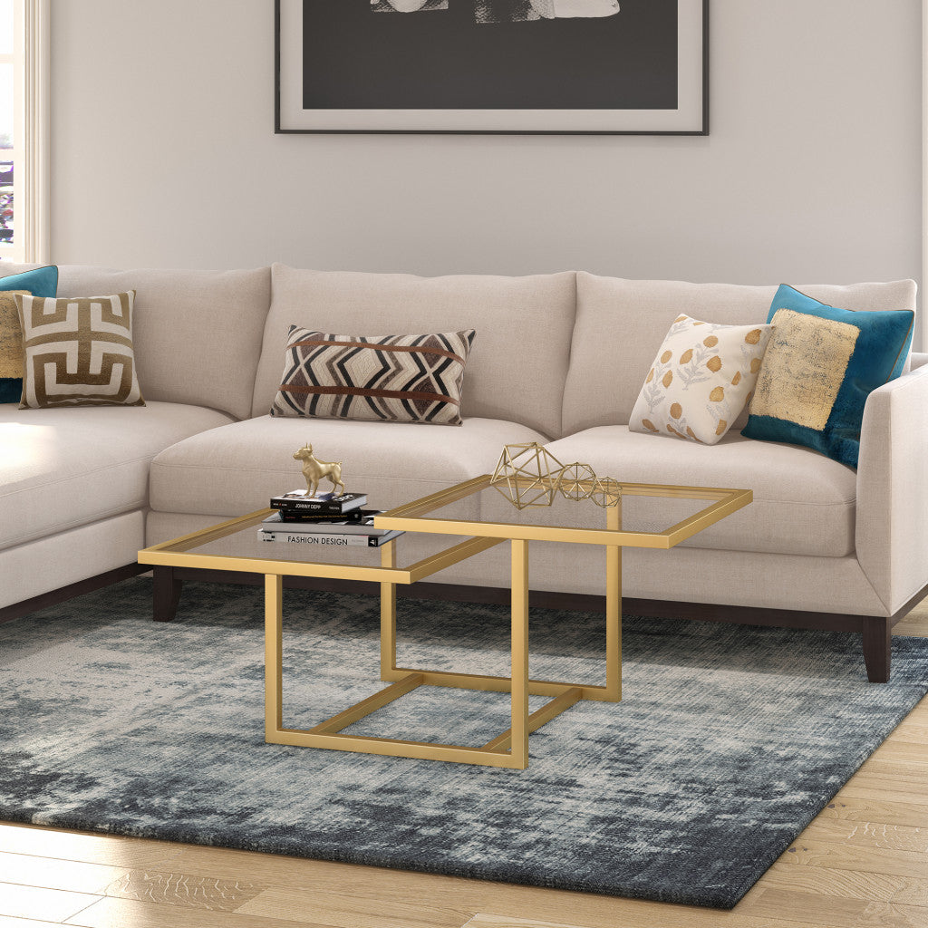 43" Gold Glass And Steel Square Coffee Table With Two Shelves