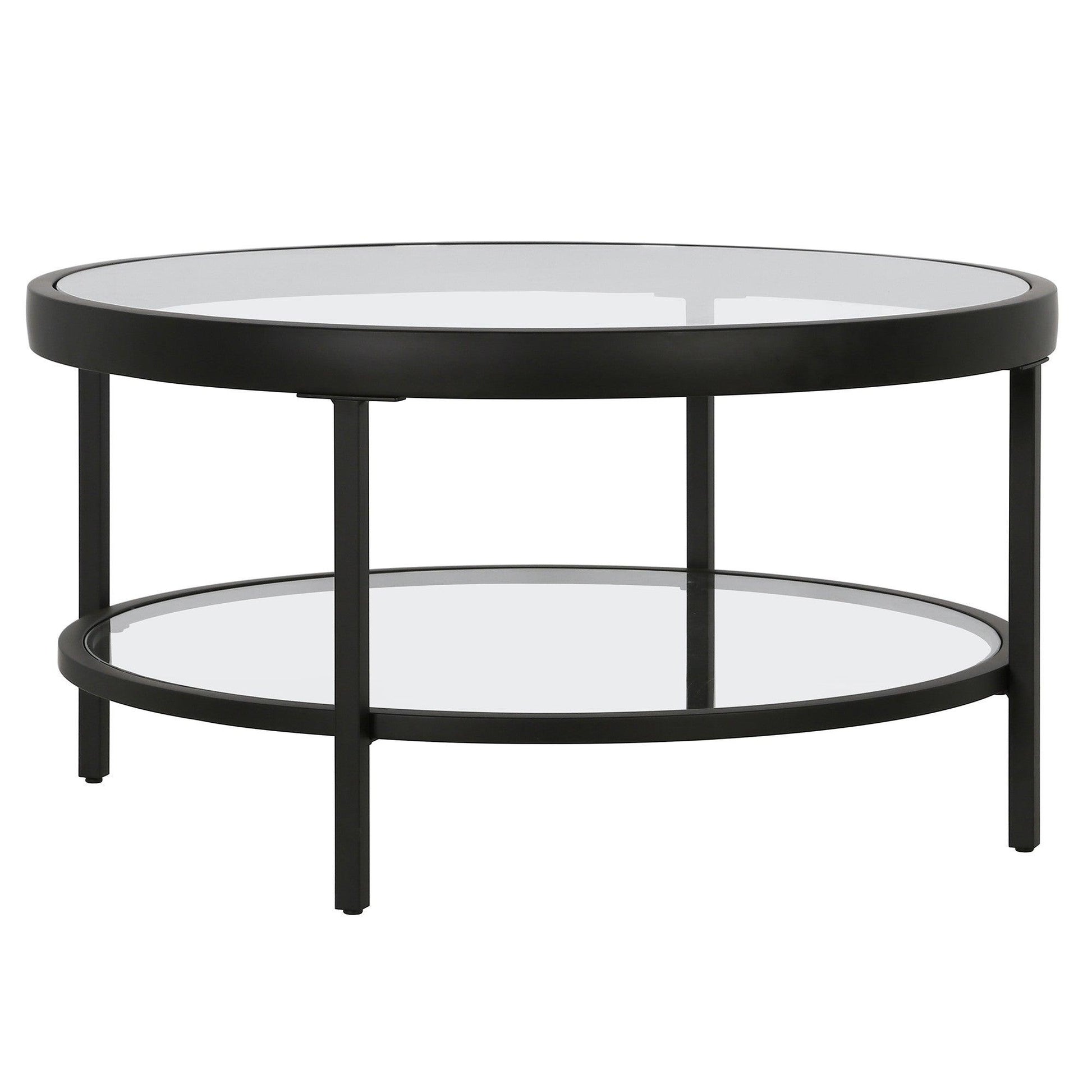 32" Black Glass And Steel Round Coffee Table With Shelf - FurniFindUSA