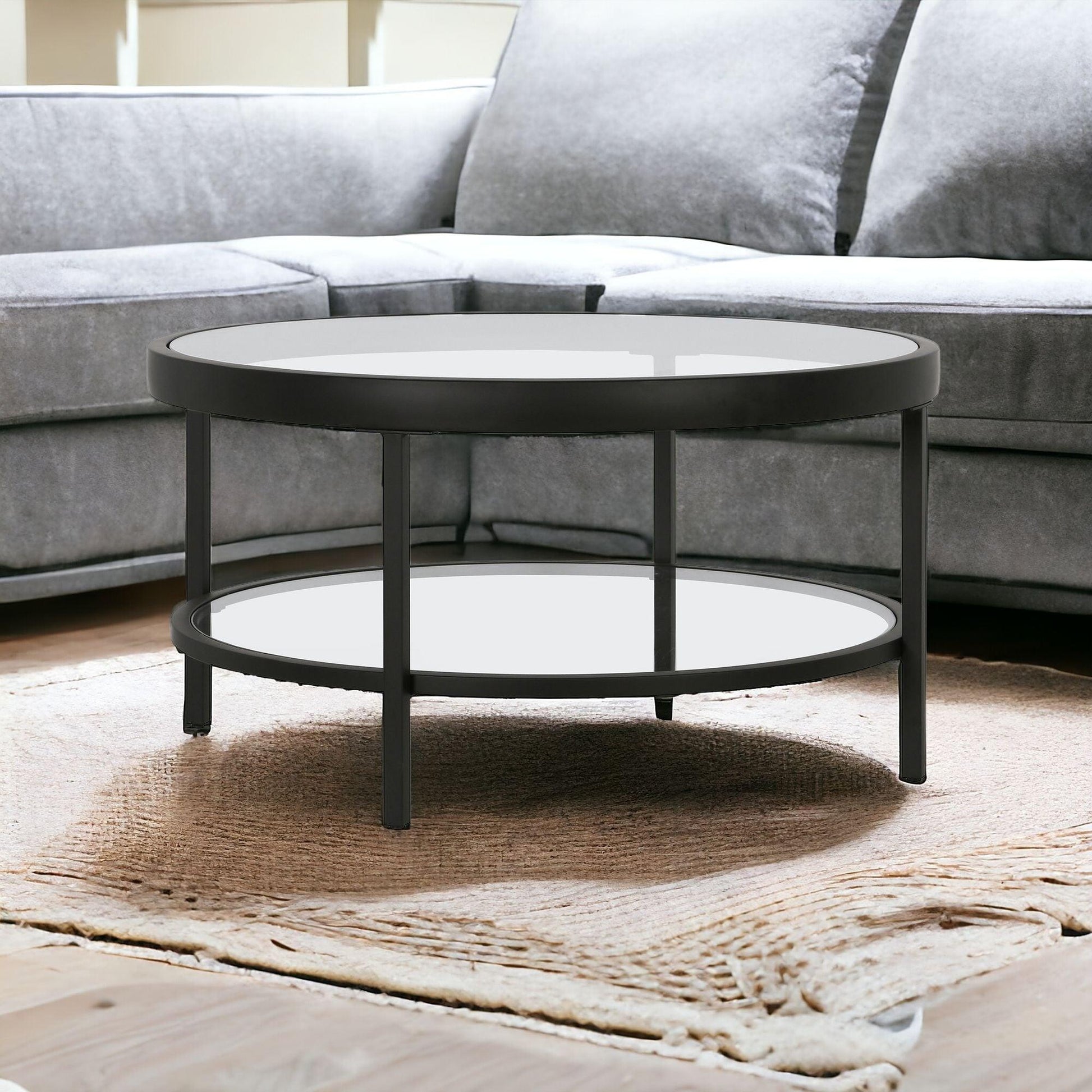 32" Black Glass And Steel Round Coffee Table With Shelf - FurniFindUSA