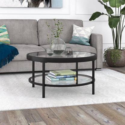 32" Black Glass And Steel Round Coffee Table With Shelf - FurniFindUSA