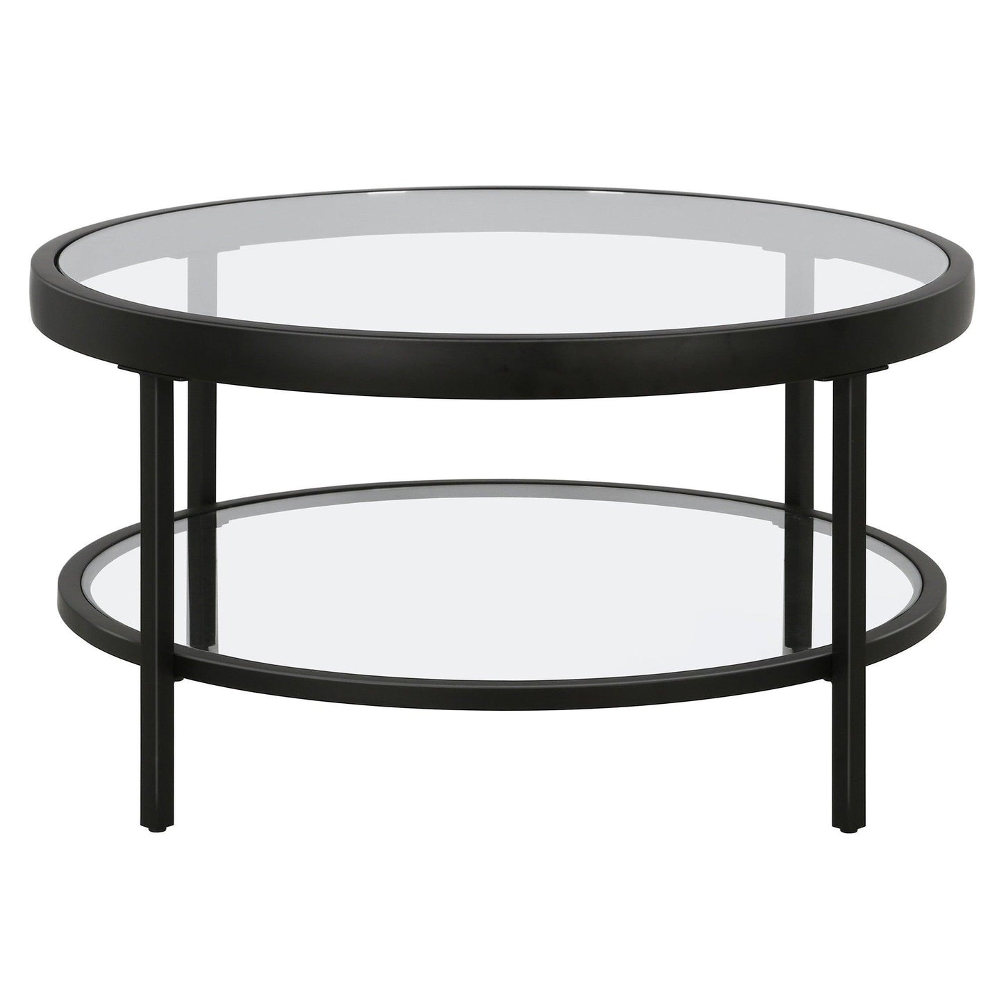 32" Black Glass And Steel Round Coffee Table With Shelf - FurniFindUSA