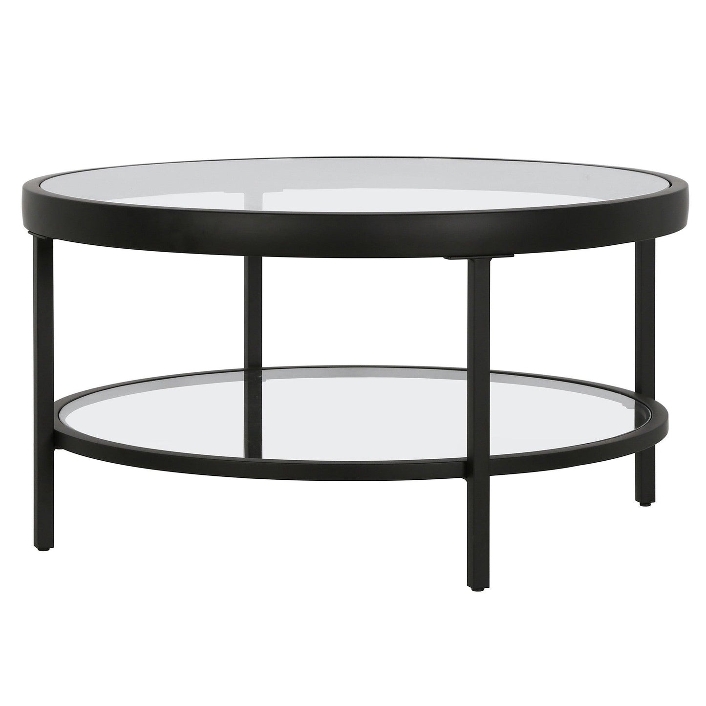 32" Black Glass And Steel Round Coffee Table With Shelf - FurniFindUSA