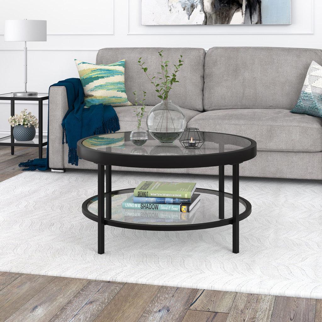 32" Black Glass And Steel Round Coffee Table With Shelf - FurniFindUSA