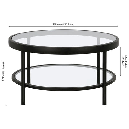 32" Black Glass And Steel Round Coffee Table With Shelf - FurniFindUSA