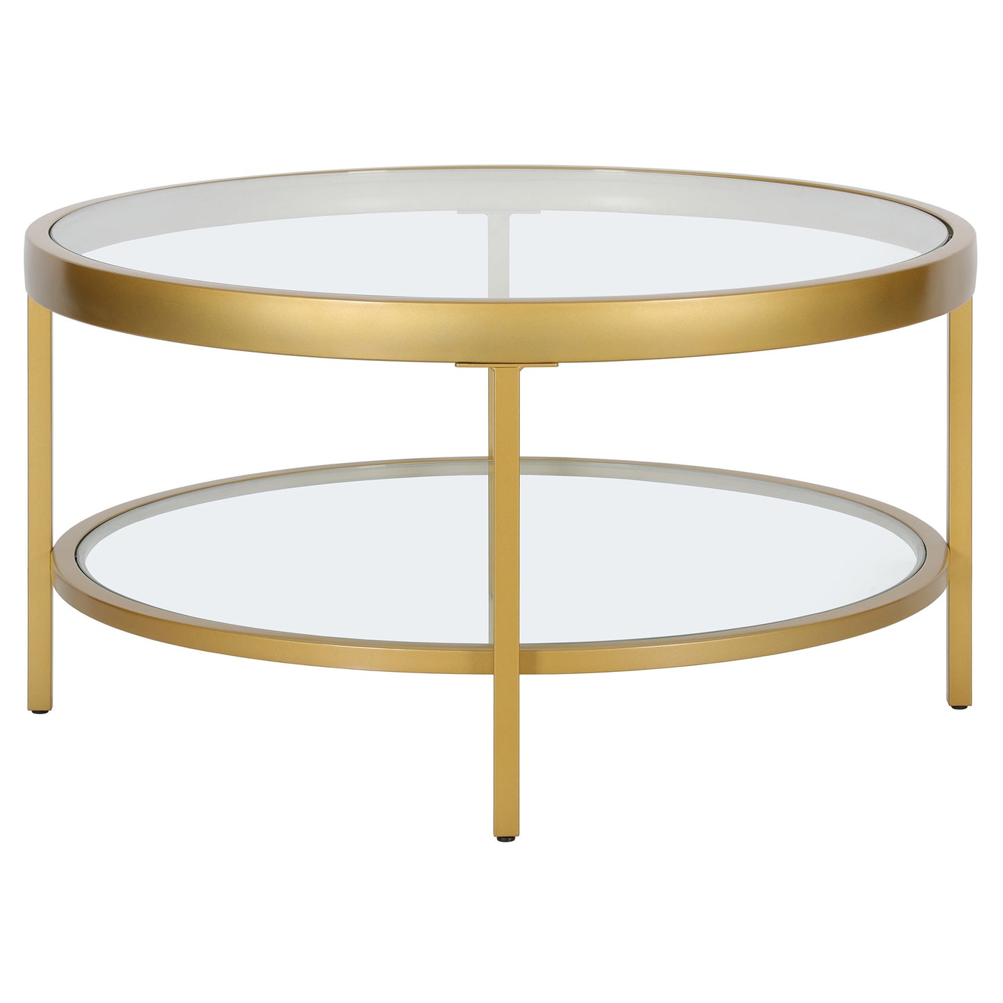 32" Gold Glass And Steel Round Coffee Table With Shelf