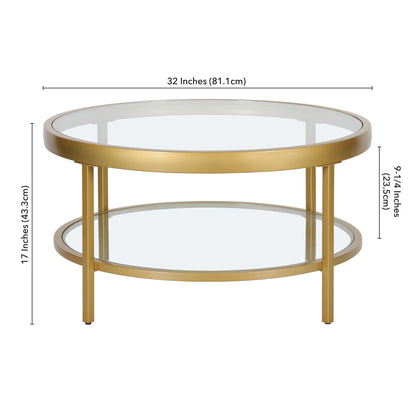 32" Gold Glass And Steel Round Coffee Table With Shelf