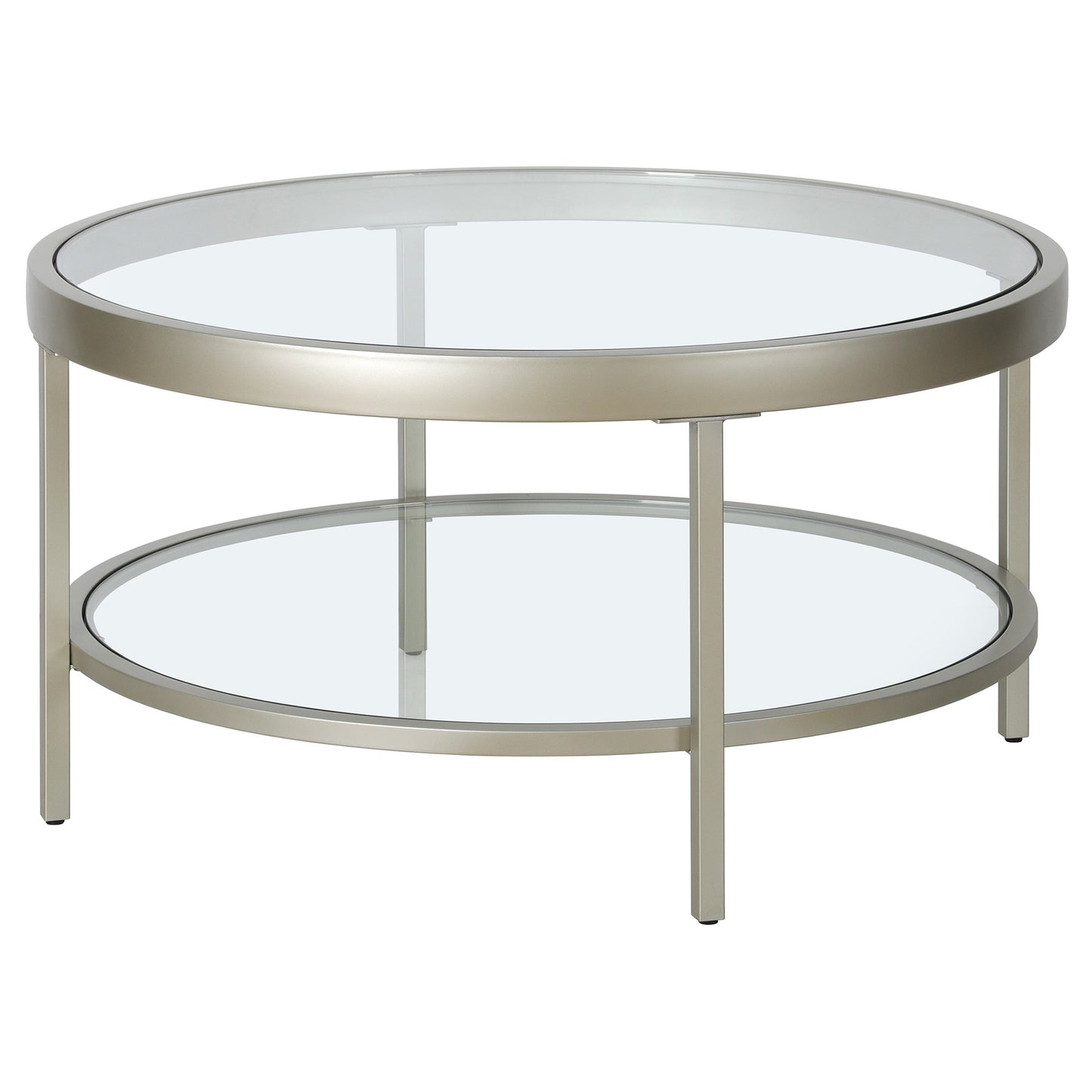 32" Silver Glass And Steel Round Coffee Table With Shelf