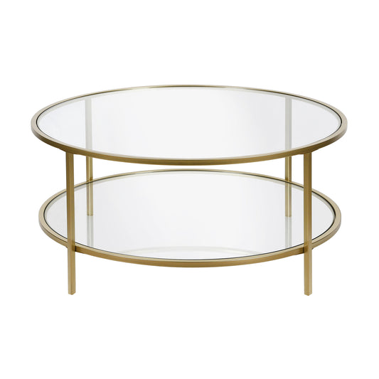 36" Gold Glass And Steel Round Coffee Table With Shelf