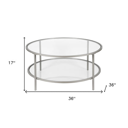 36" Silver Glass And Steel Round Coffee Table With Shelf