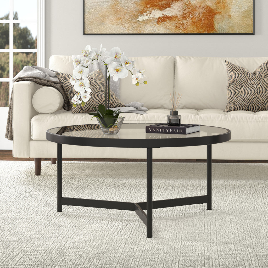 32" Black Glass And Steel Round Coffee Table