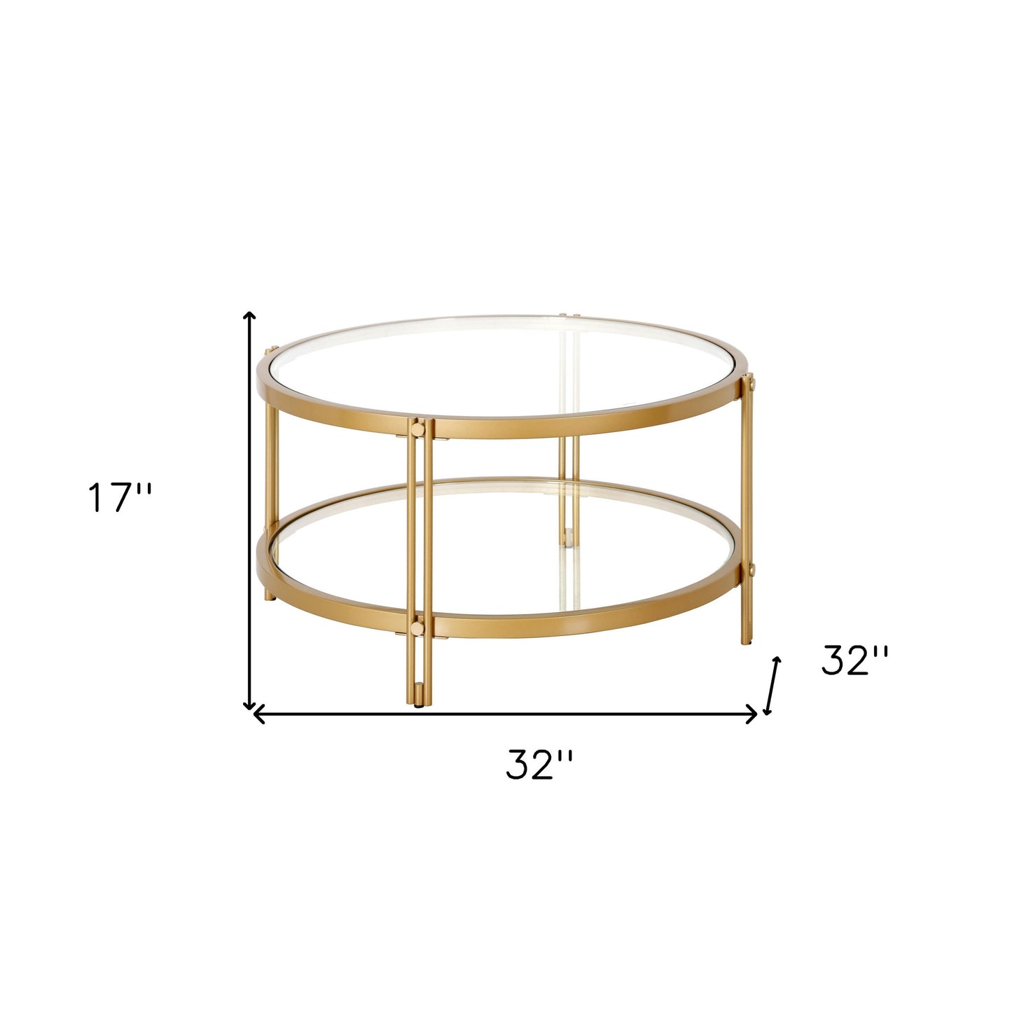 32" Gold Glass And Steel Round Coffee Table With Shelf