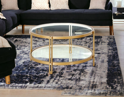 32" Gold Glass And Steel Round Coffee Table With Shelf