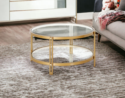 32" Gold Glass And Steel Round Coffee Table With Shelf